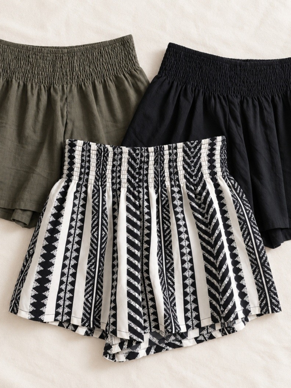 3 SHEIN SmockSHEIN Smocked Waist Shorts Trio — Black, Olive & Black-White Stripe